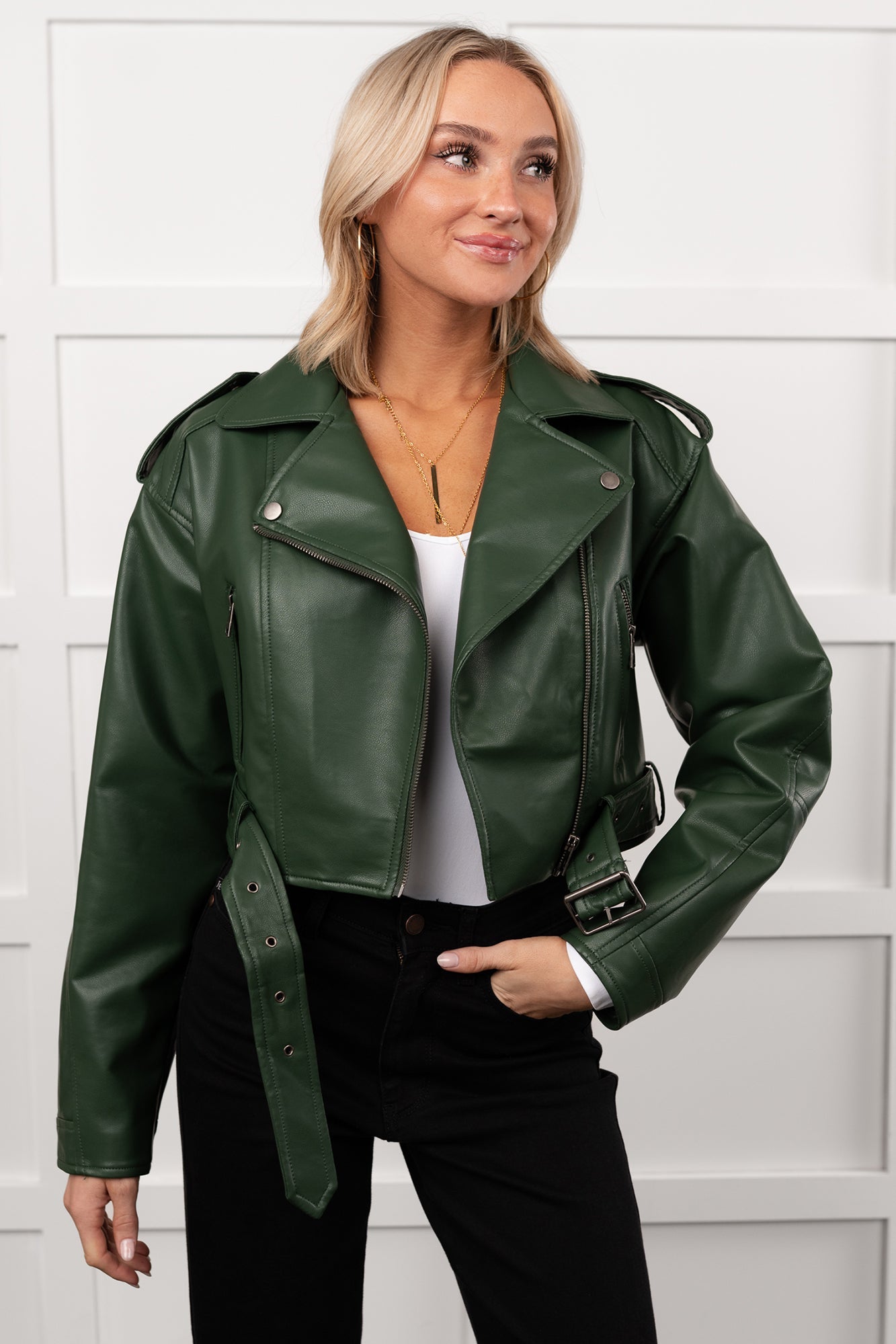 Rule Maker Faux Leather Cropped Jacket (Hunter Green)