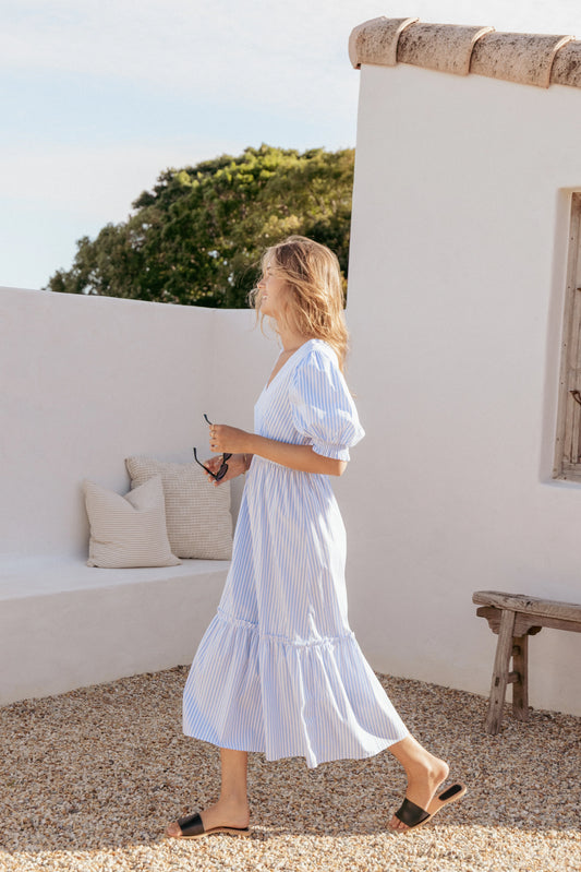 Steele Puff Sleeve Midi Dress - Blue Stripe