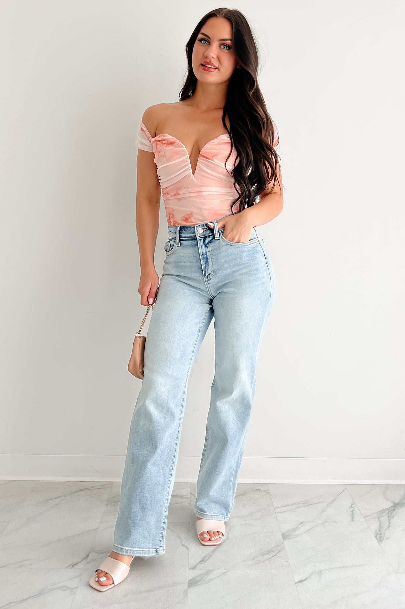 Starlit Sweetie Off The Shoulder Studded Mesh Bodysuit (Orange)