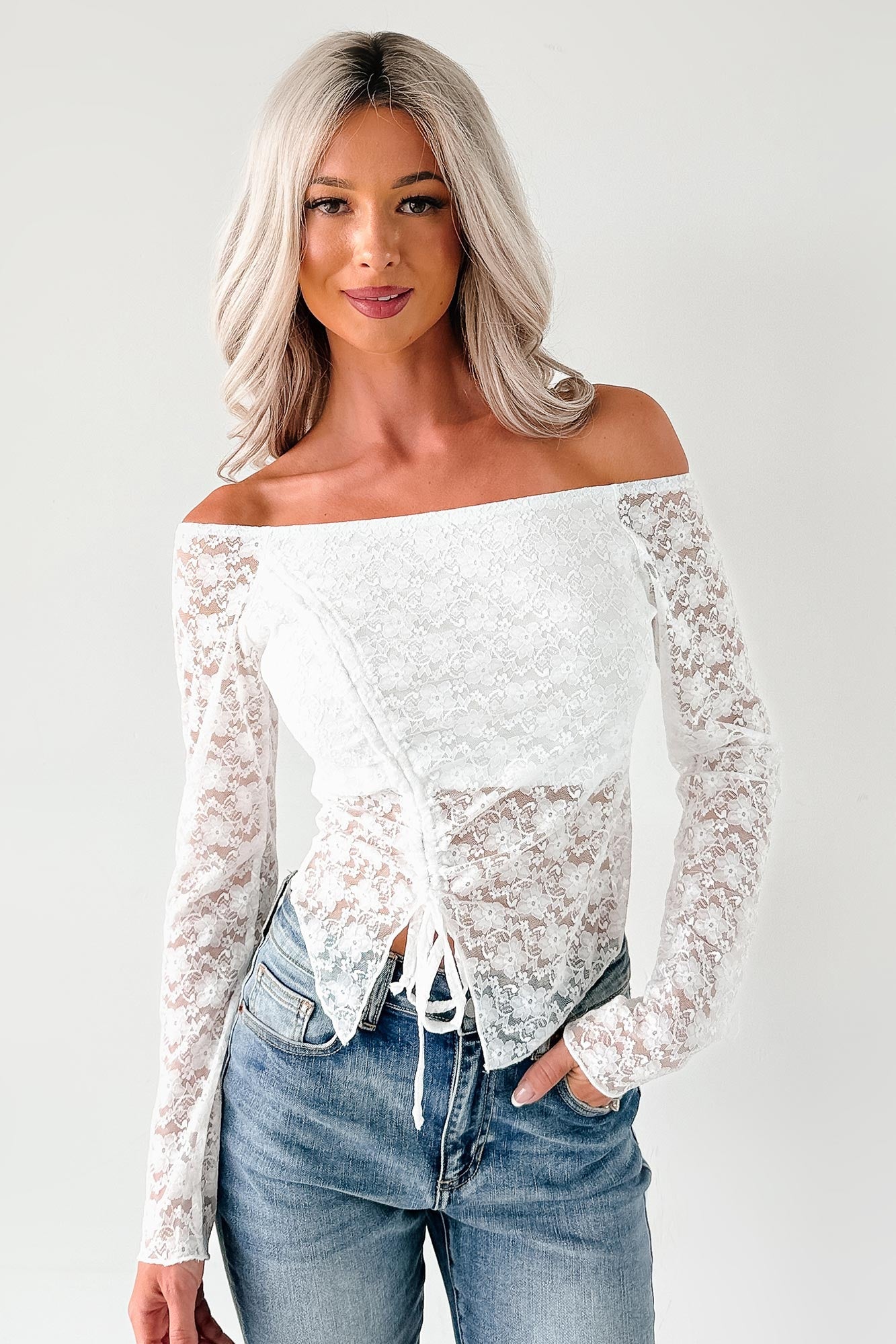 Up To Standard Ruched Lace Asymmetric Top (Ivory)