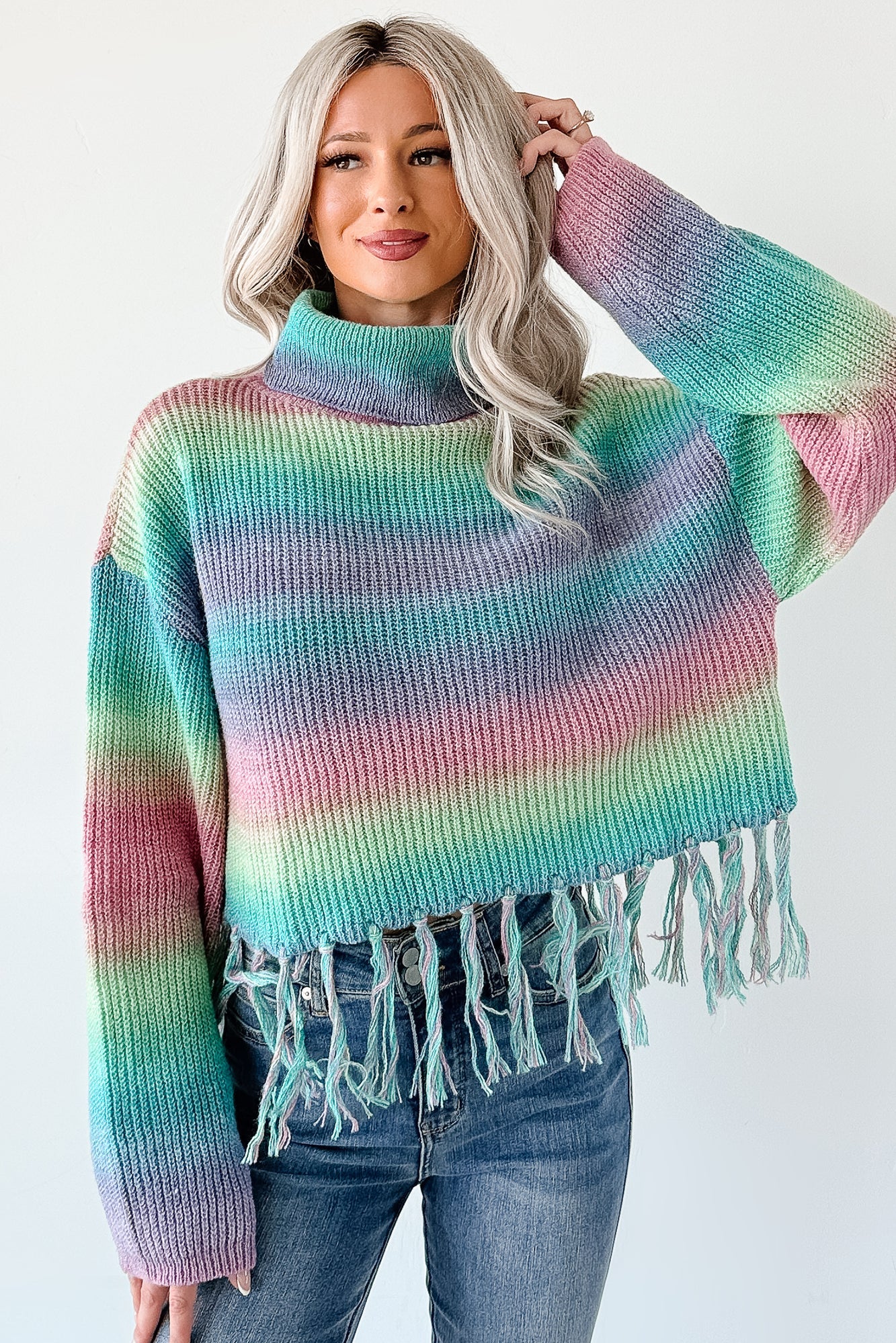 Life In Color Ombre Stripe Tassel Sweater (Sage Rainbow)