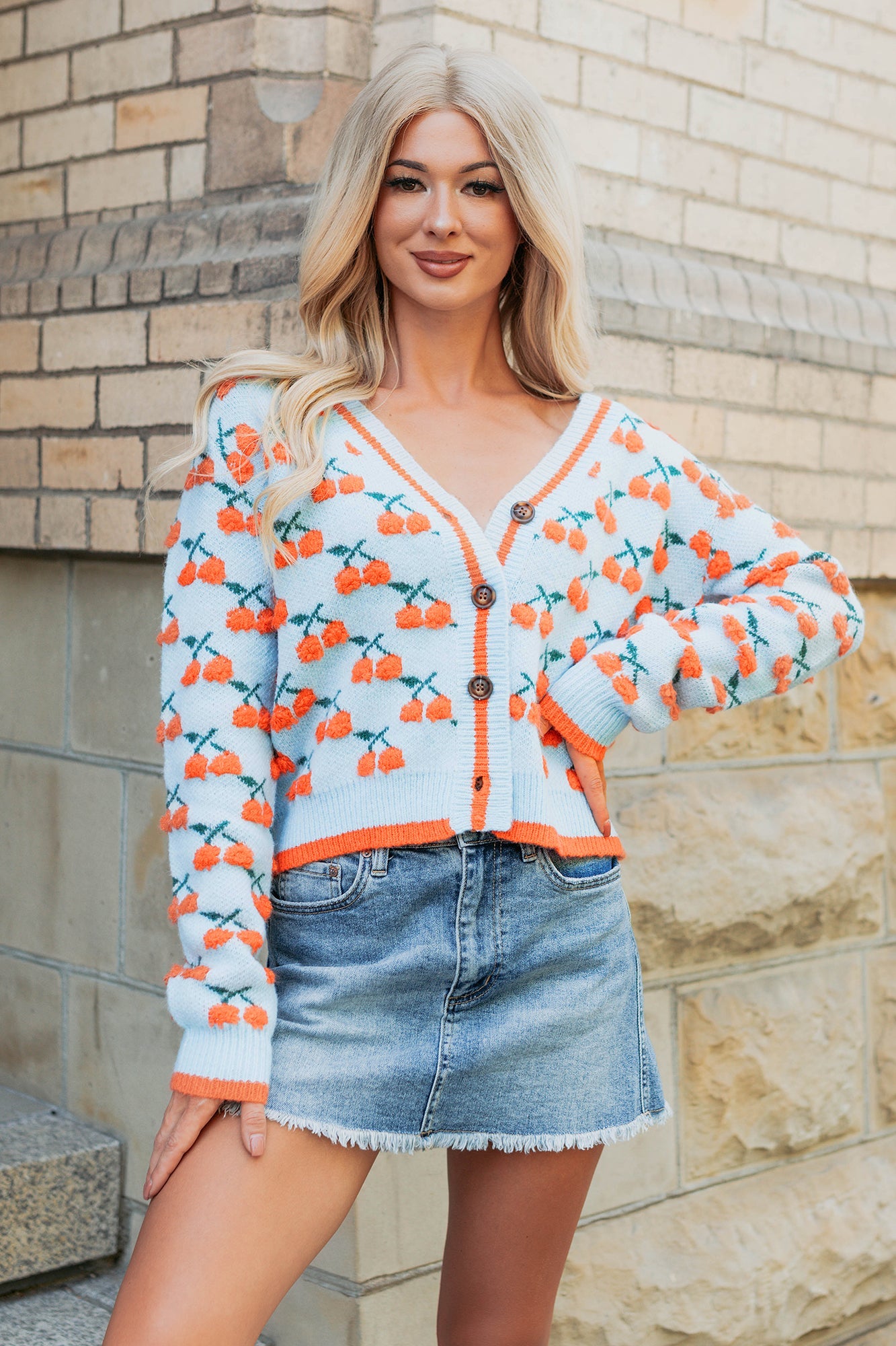 Vibrant Life Cherry Knit Cardigan (Light Blue/Orange)